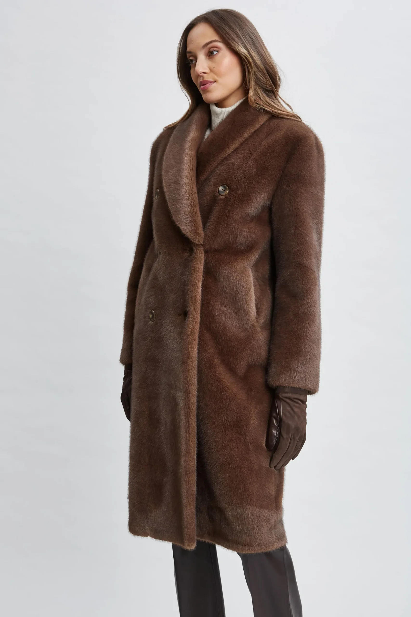 Elie Tahari Coats-Vegan Fur Double Breasted Coat COCOAMINK