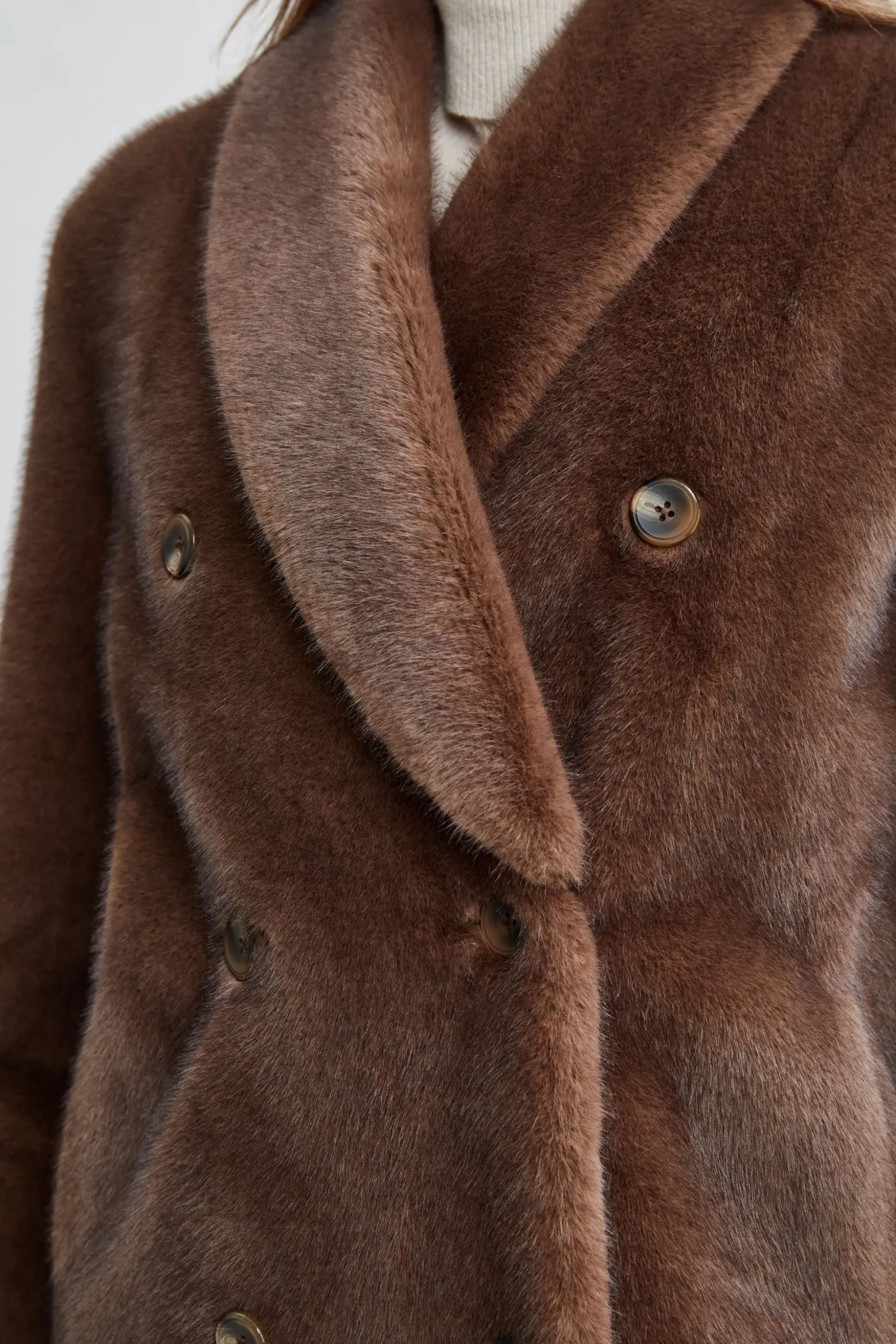 Elie Tahari Coats-Vegan Fur Double Breasted Coat COCOAMINK