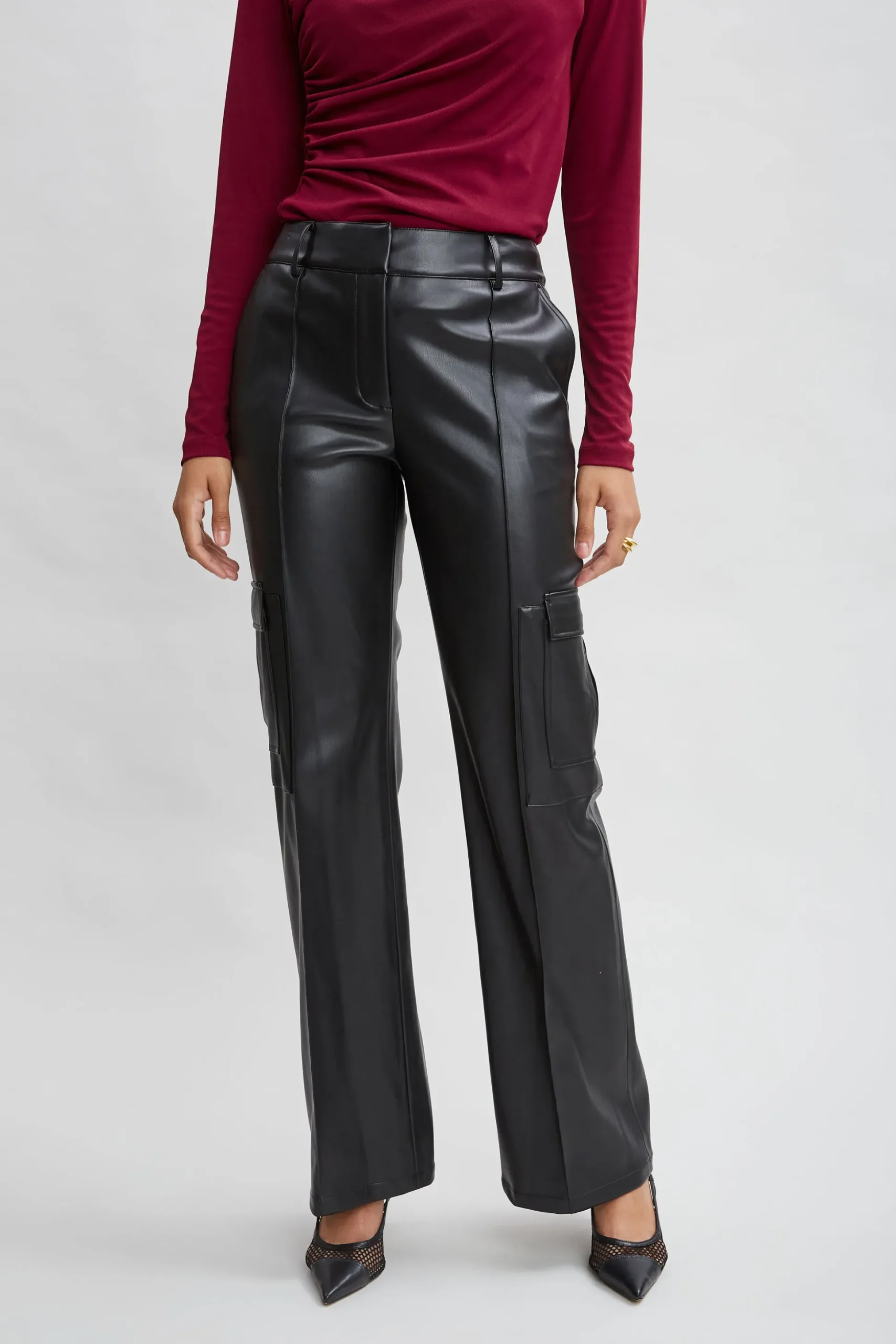 Elie Tahari Bottoms-Vegan Leather Cargo Pant BLACK