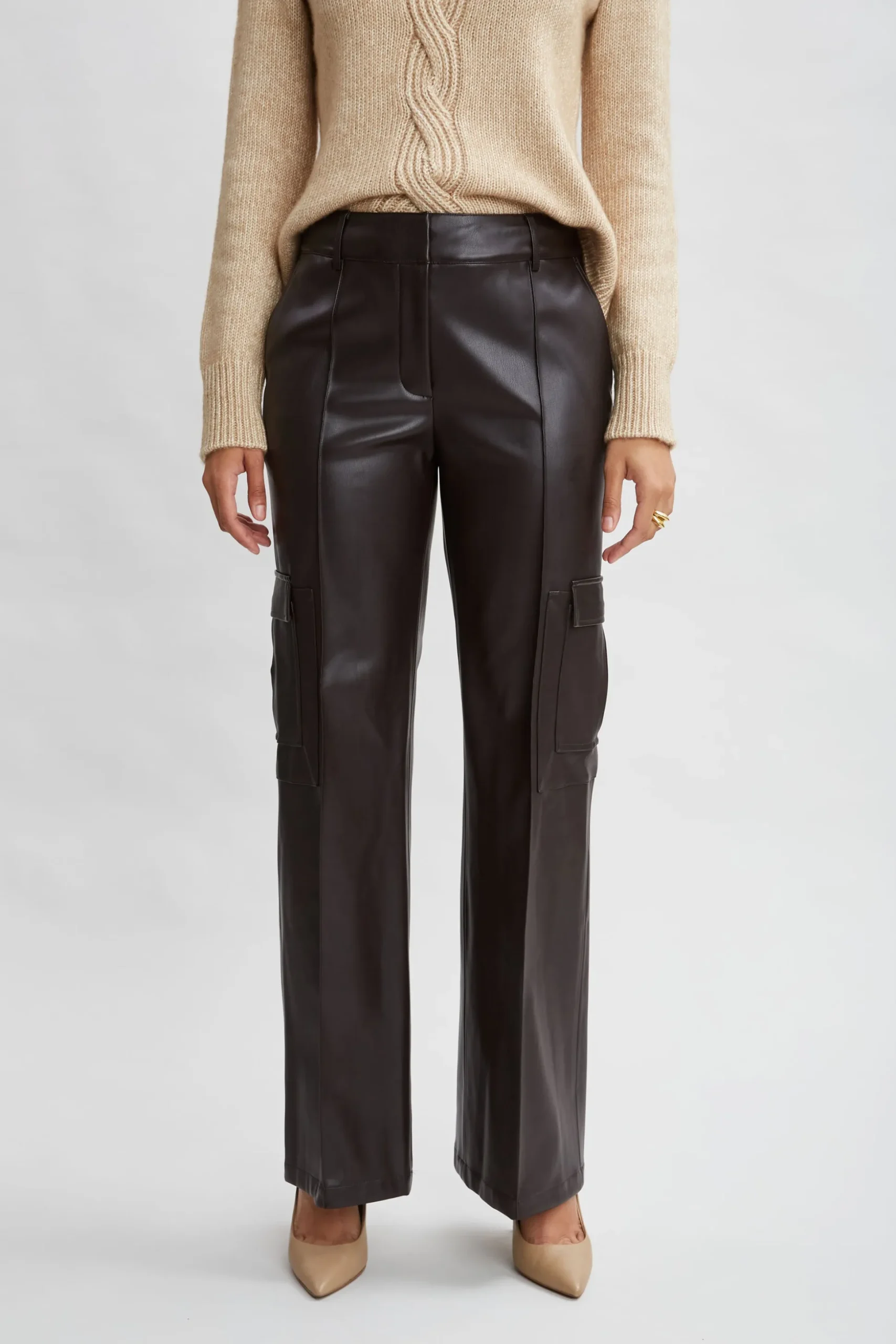 Elie Tahari Bottoms-Vegan Leather Cargo Pant WOOD