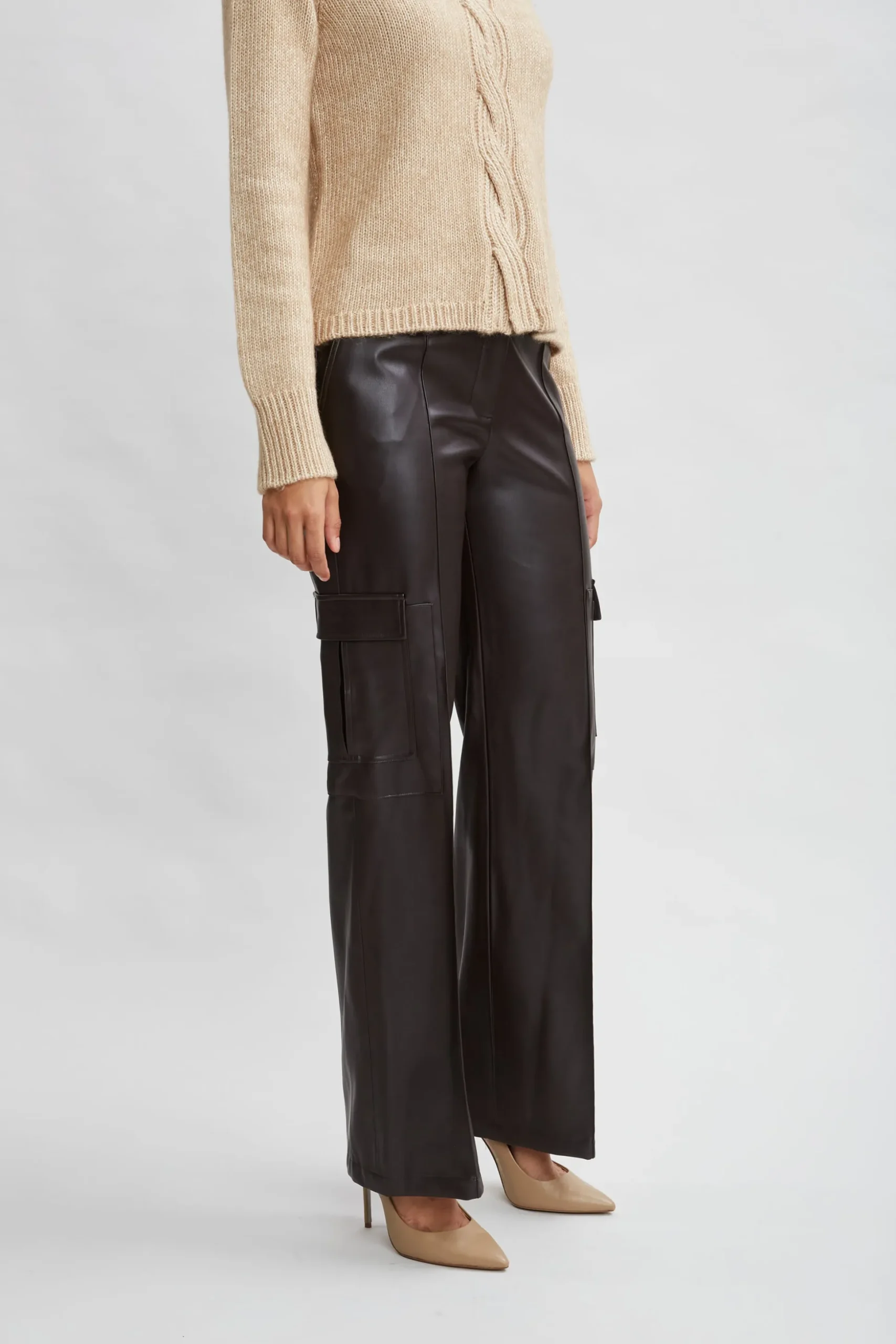 Elie Tahari Bottoms-Vegan Leather Cargo Pant WOOD