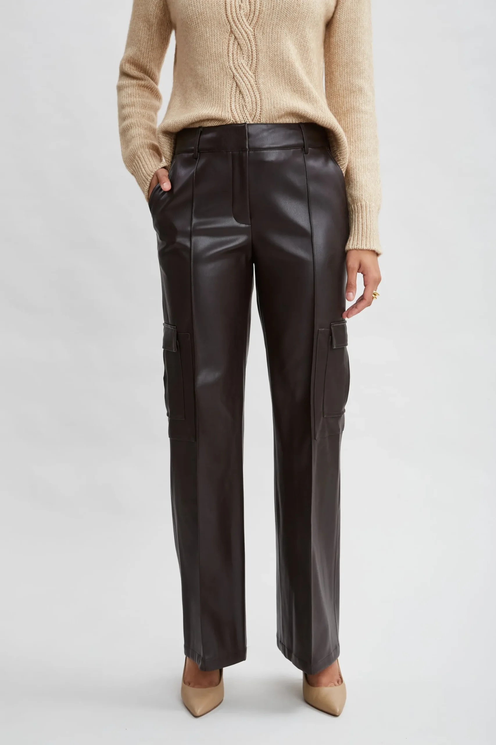 Elie Tahari Bottoms-Vegan Leather Cargo Pant WOOD