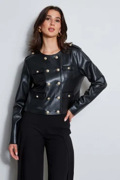 Elie Tahari Jackets & Blazers|Suiting-Vegan Leather Crest Button Jacket Noir