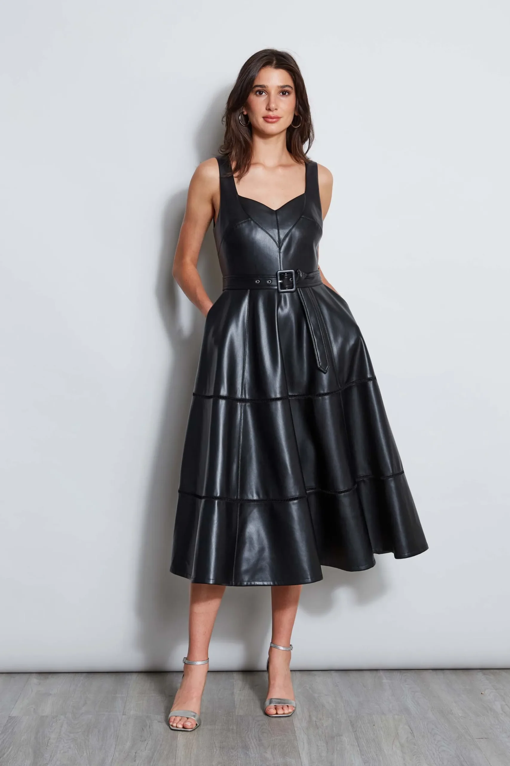 Elie Tahari Dresses & Jumpsuits|Sleeveless Dresses-Vegan Leather Fit & Flare Dress Noir