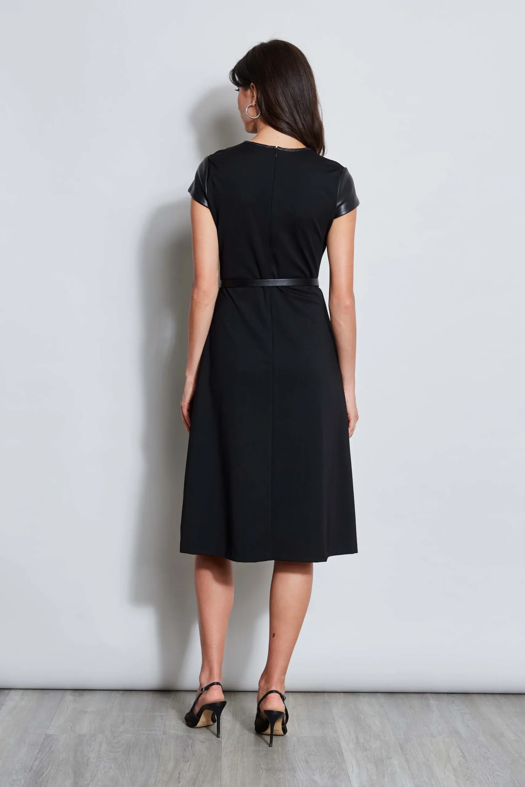 Elie Tahari Dresses & Jumpsuits|Suiting-Vegan Leather Short Sleeve Belted Knit Dress BLACK