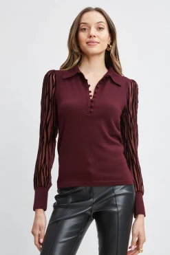 Elie Tahari Tops & Sweaters-Velvet Burnout Sleeve Polo Sweater MERLOT