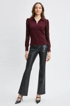 Elie Tahari Tops & Sweaters-Velvet Burnout Sleeve Polo Sweater MERLOT