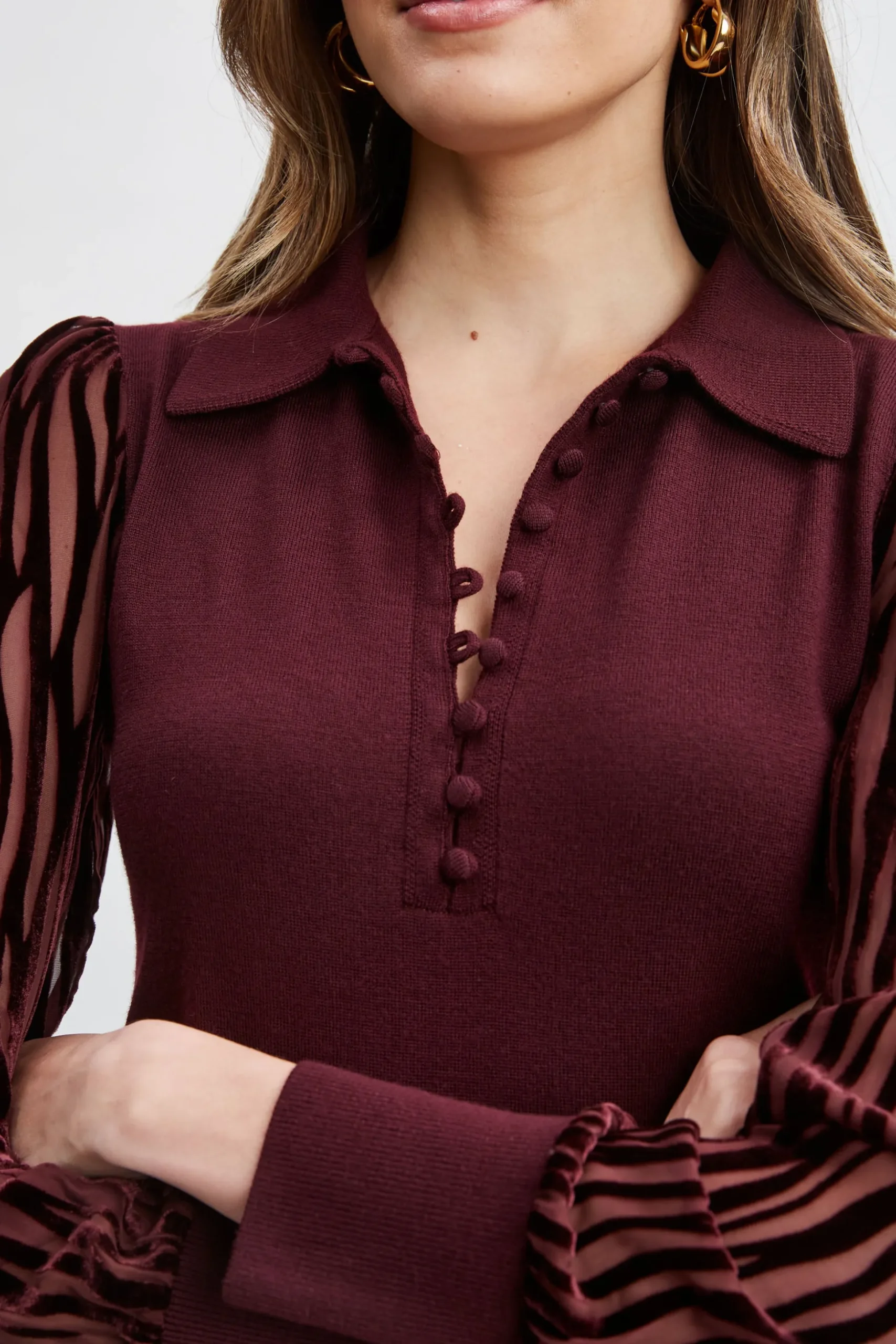 Elie Tahari Tops & Sweaters-Velvet Burnout Sleeve Polo Sweater MERLOT
