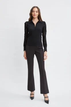 Elie Tahari Tops & Sweaters-Velvet Burnout Sleeve Polo Sweater BLACK