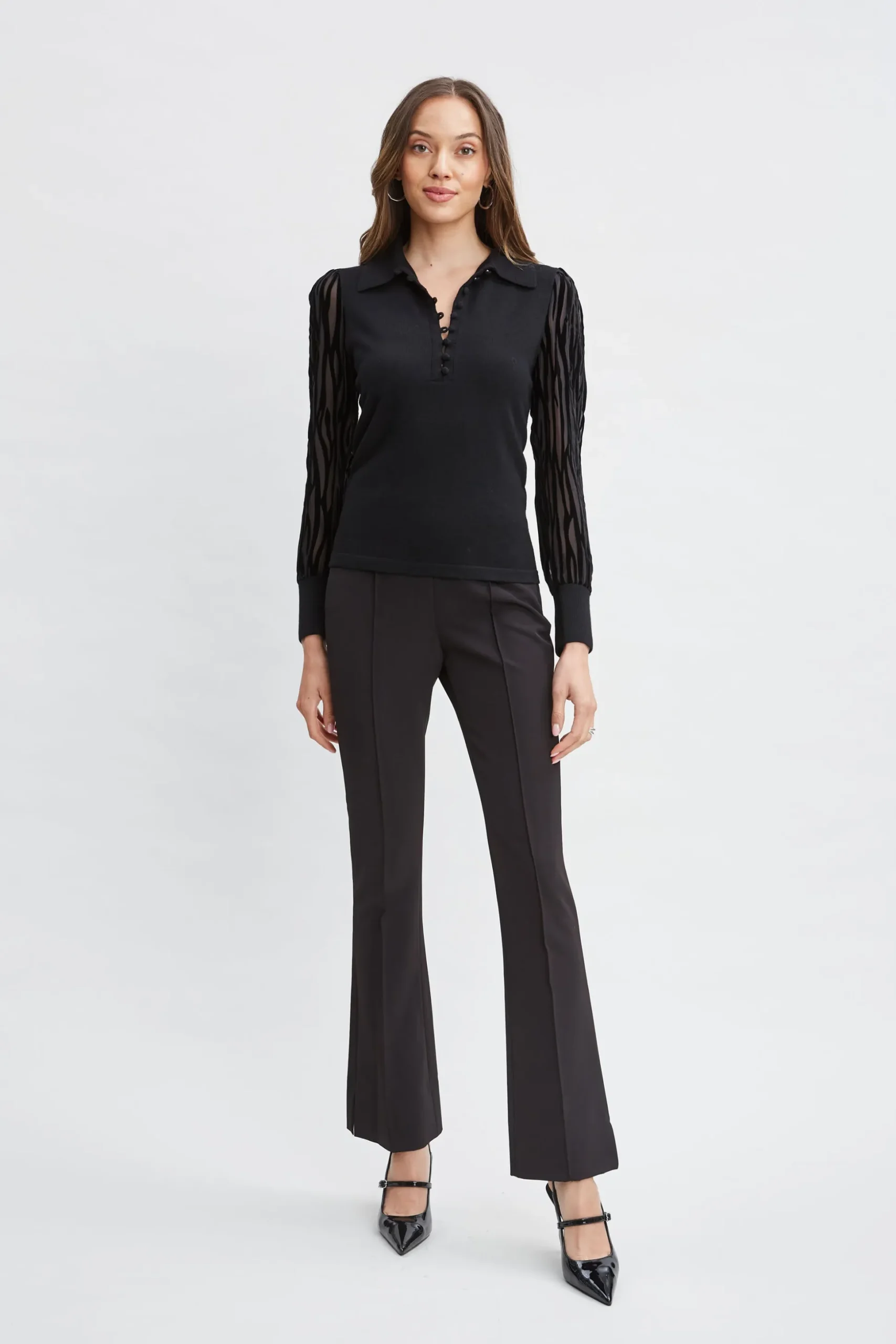 Elie Tahari Tops & Sweaters-Velvet Burnout Sleeve Polo Sweater BLACK