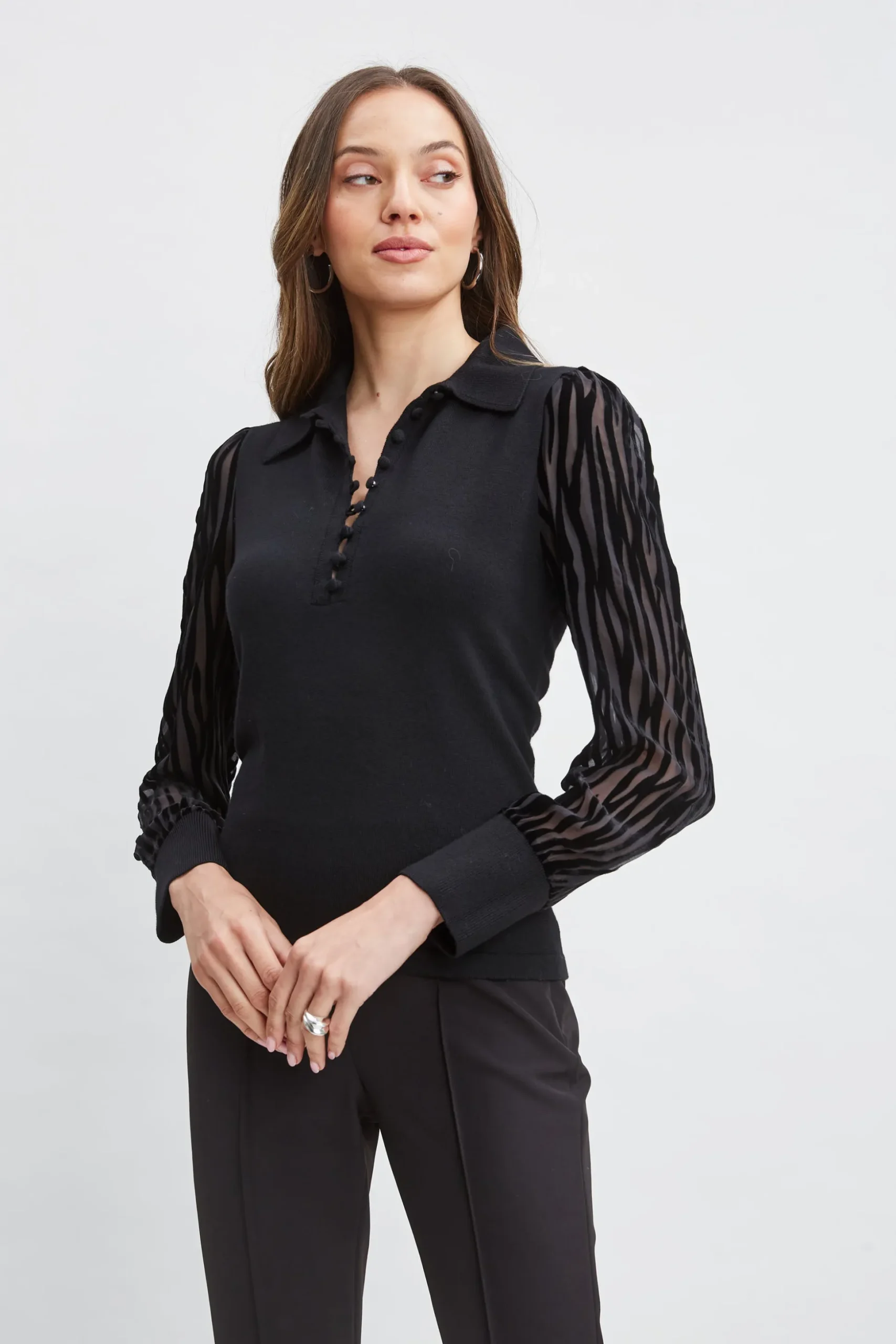 Elie Tahari Tops & Sweaters-Velvet Burnout Sleeve Polo Sweater BLACK