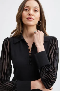 Elie Tahari Tops & Sweaters-Velvet Burnout Sleeve Polo Sweater BLACK