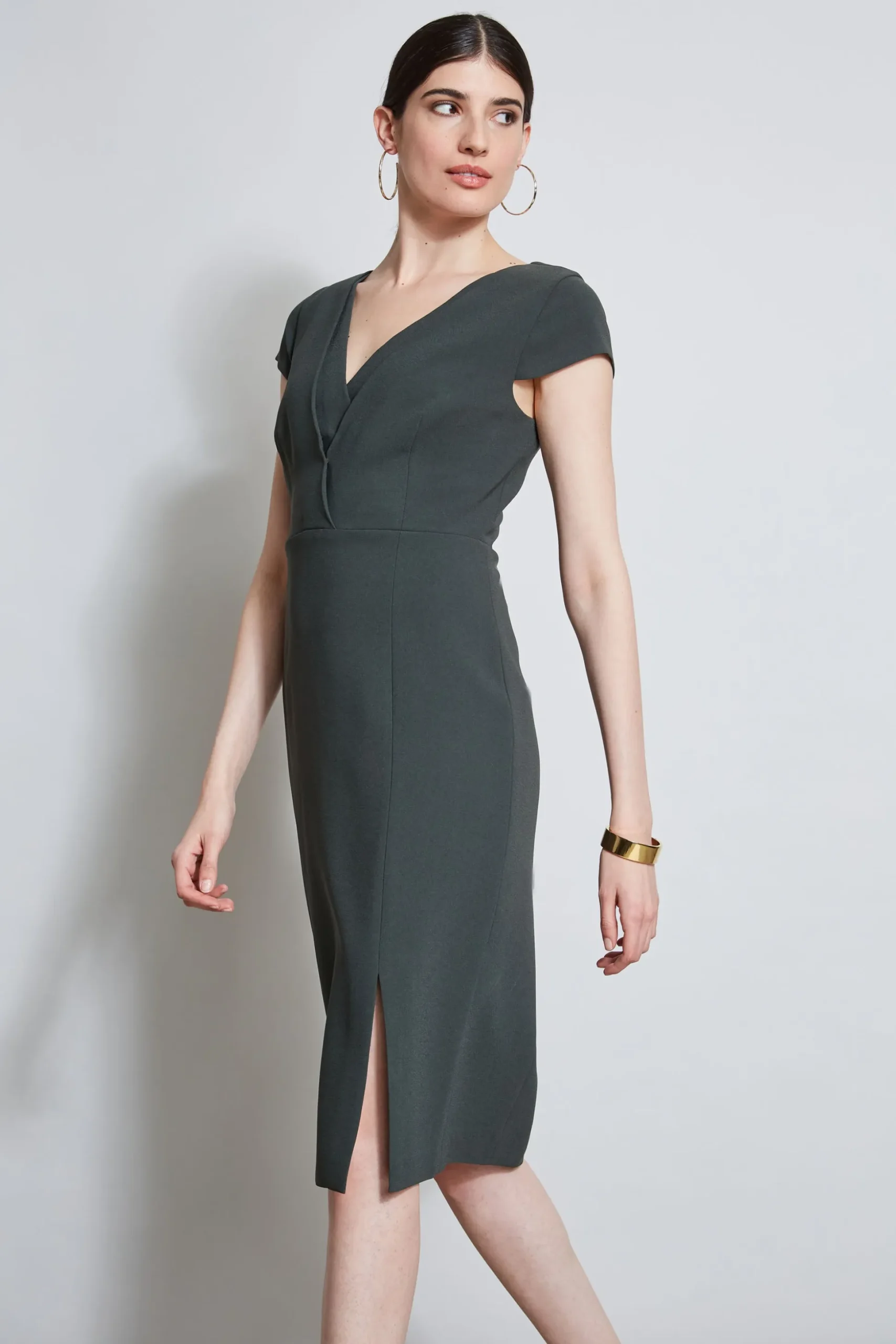 Elie Tahari Dresses & Jumpsuits|Short Sleeve Dresses-V-Neck Crepe Dress Camouflage