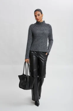 Elie Tahari Tops & Sweaters-Whipstitch Cotton Wool Sweater BLACKMELANGE