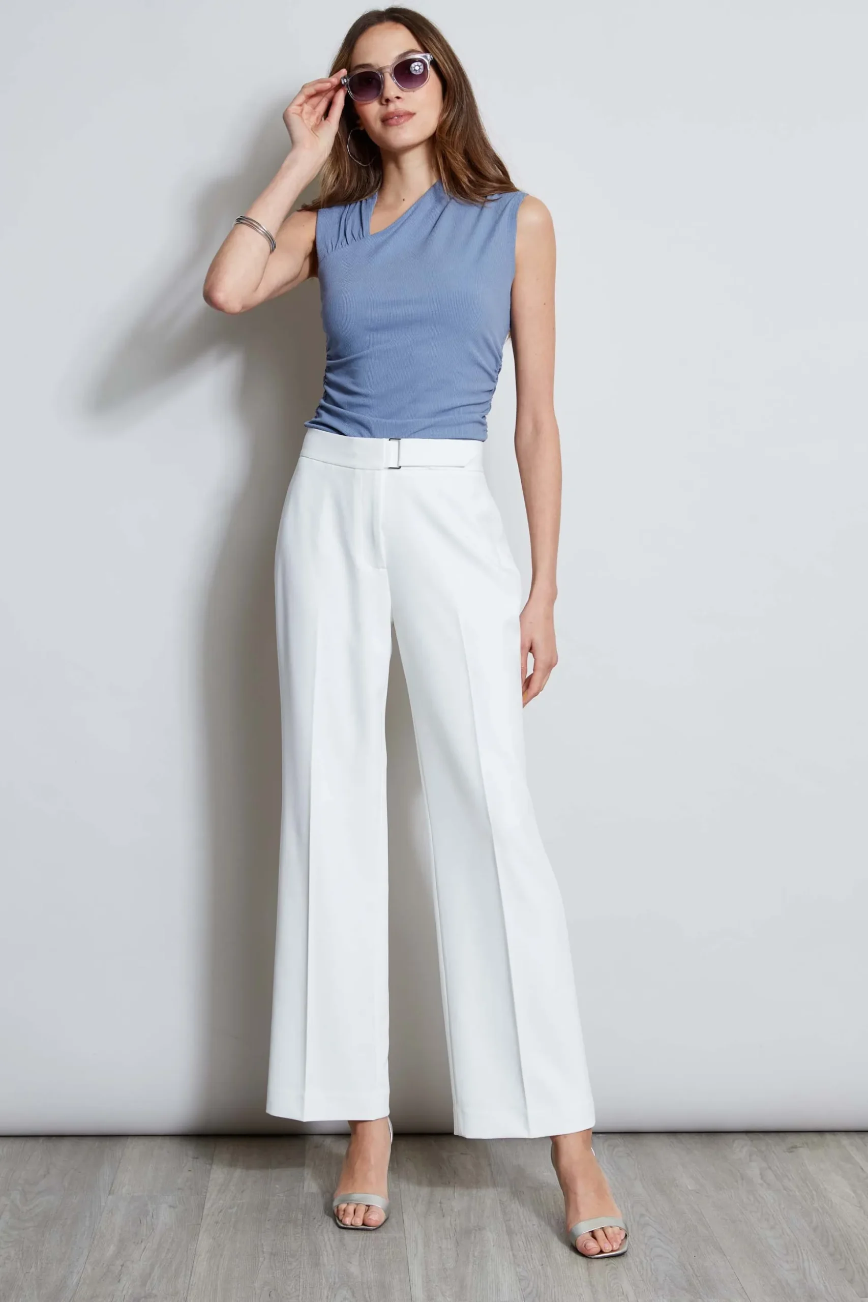Elie Tahari Bottoms-Wide Leg Self-Belt Pant SkyWhite