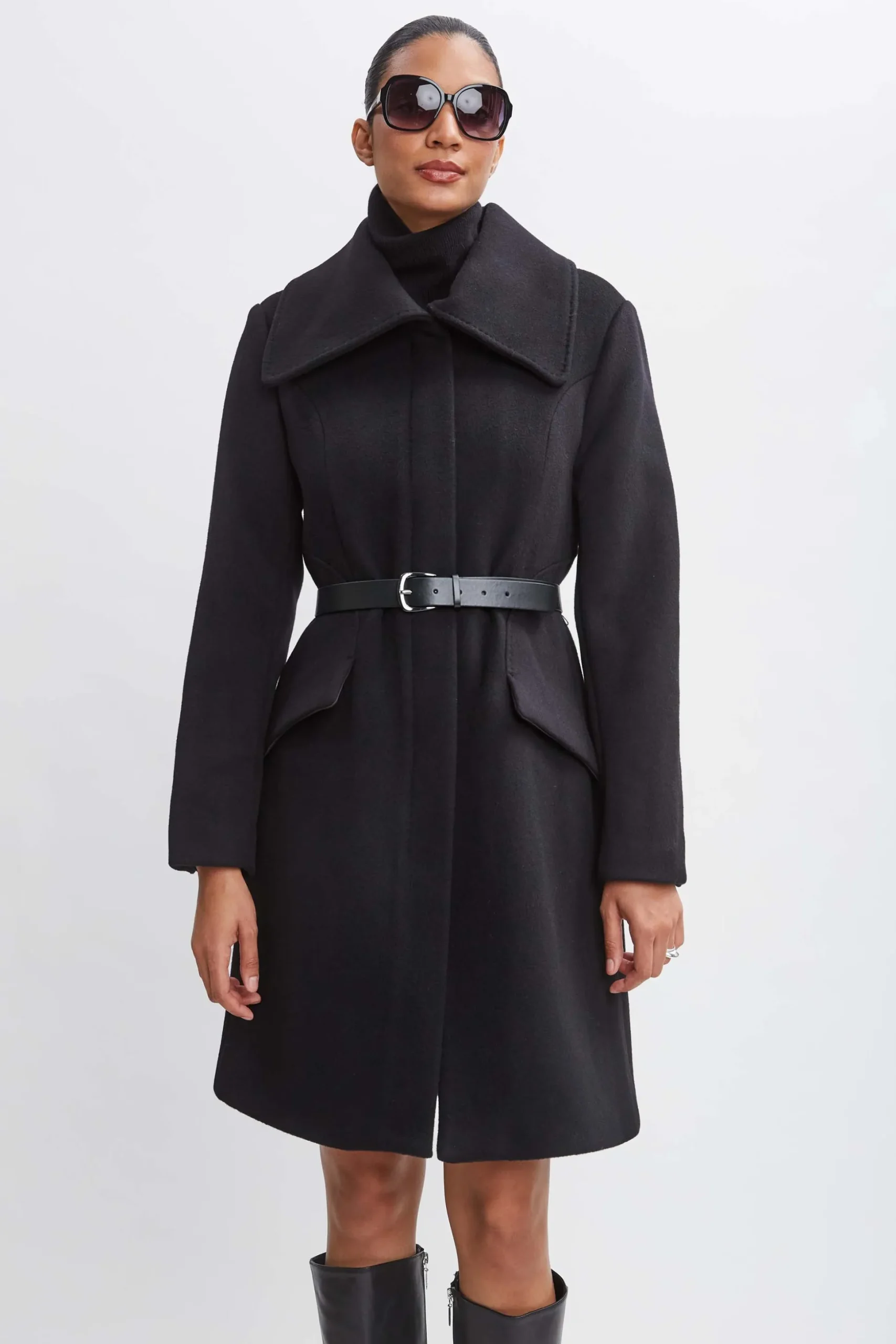 Elie Tahari Coats-Wool Belted Panel Coat BLACK