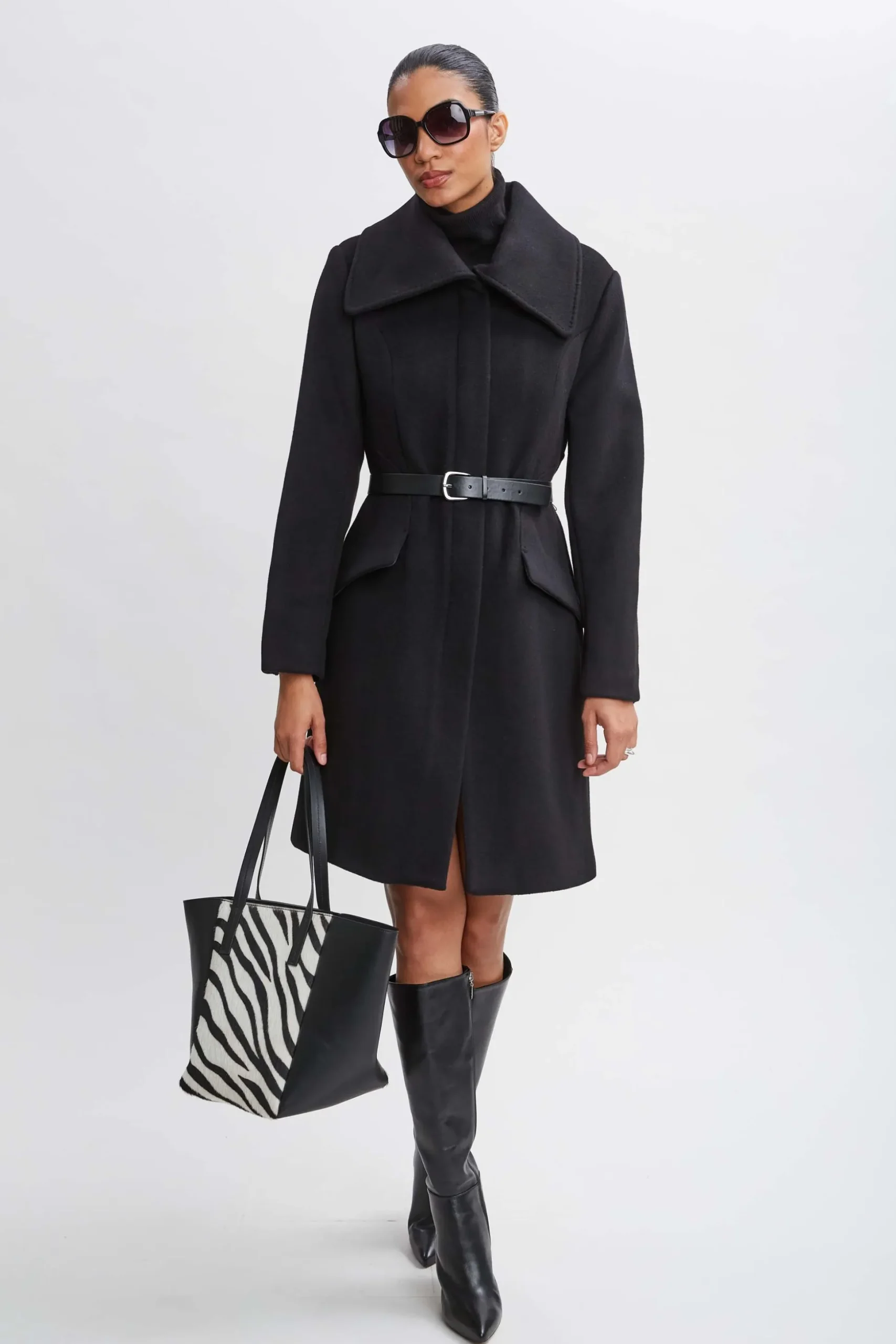 Elie Tahari Coats-Wool Belted Panel Coat BLACK