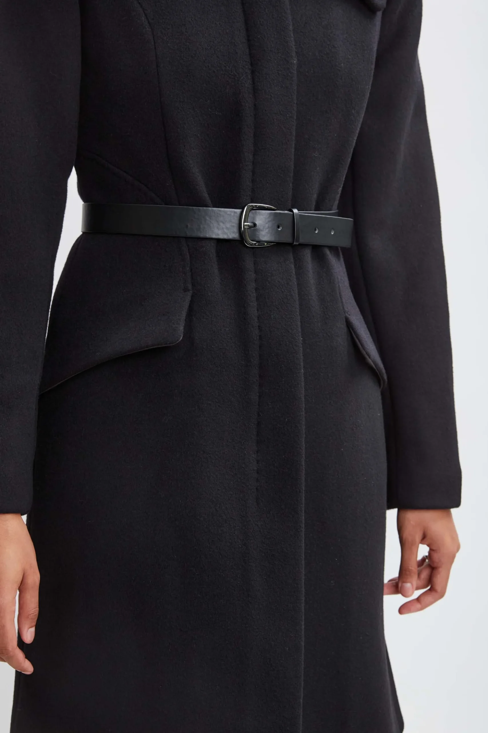Elie Tahari Coats-Wool Belted Panel Coat BLACK