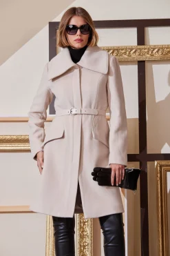 Elie Tahari Coats-Wool Belted Panel Coat ALMOND