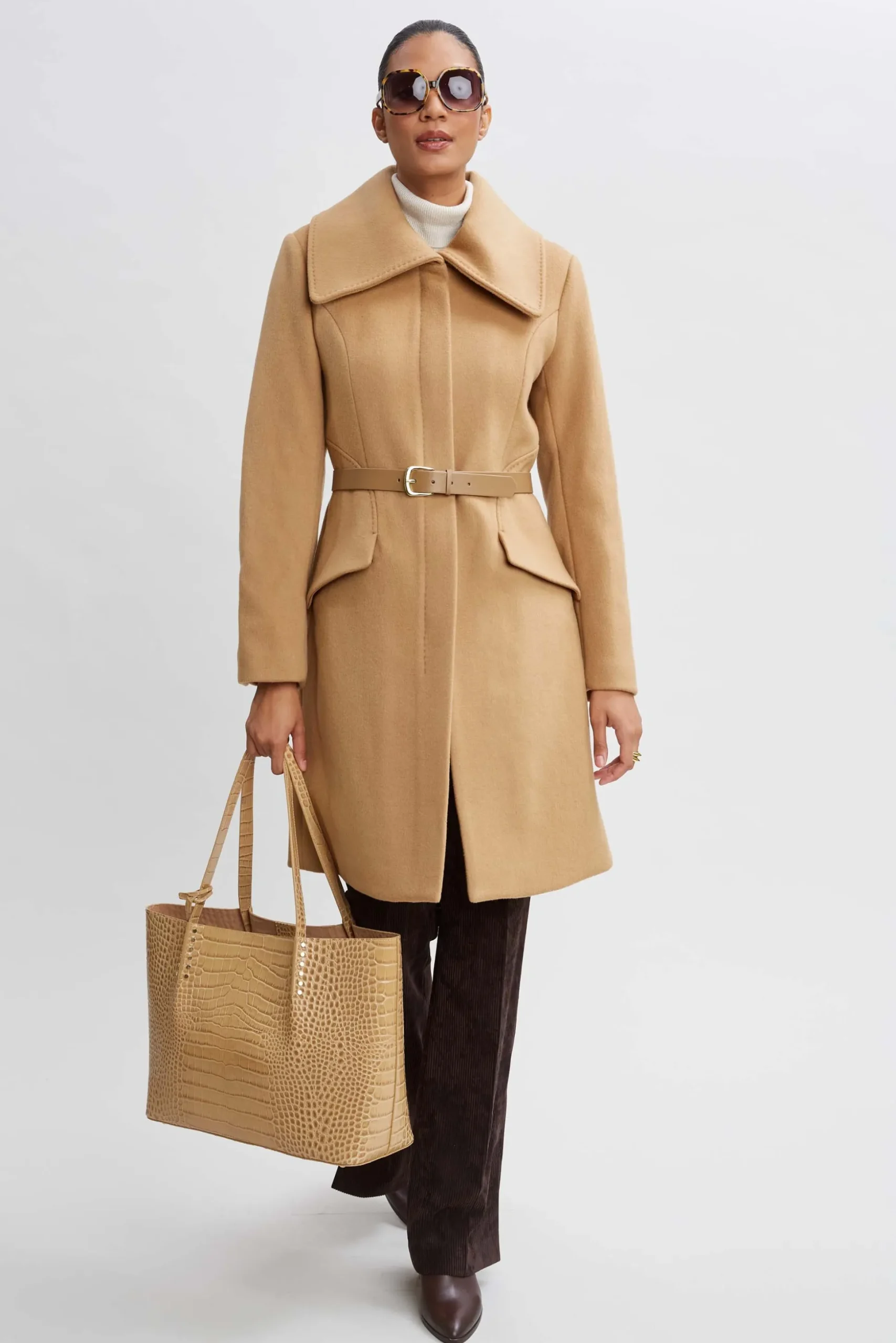 Elie Tahari Coats-Wool Belted Panel Coat TOFFEE