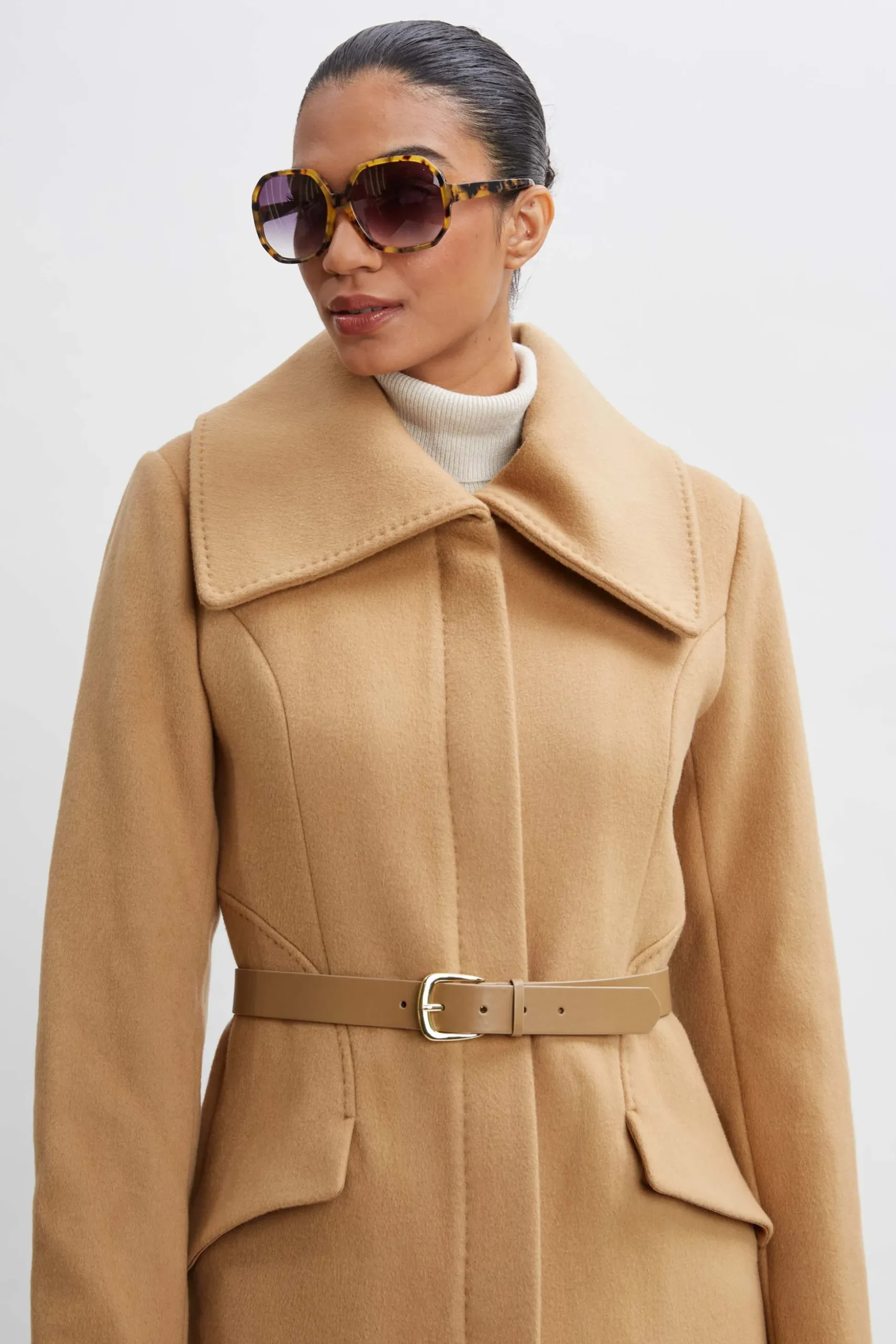 Elie Tahari Coats-Wool Belted Panel Coat TOFFEE